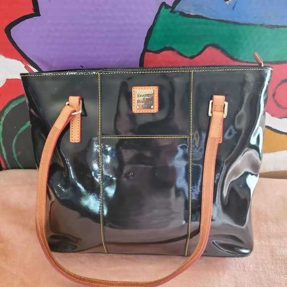 Dooney & Bourke Black Patent Tote with Tan Straps - Picture 1 of 8